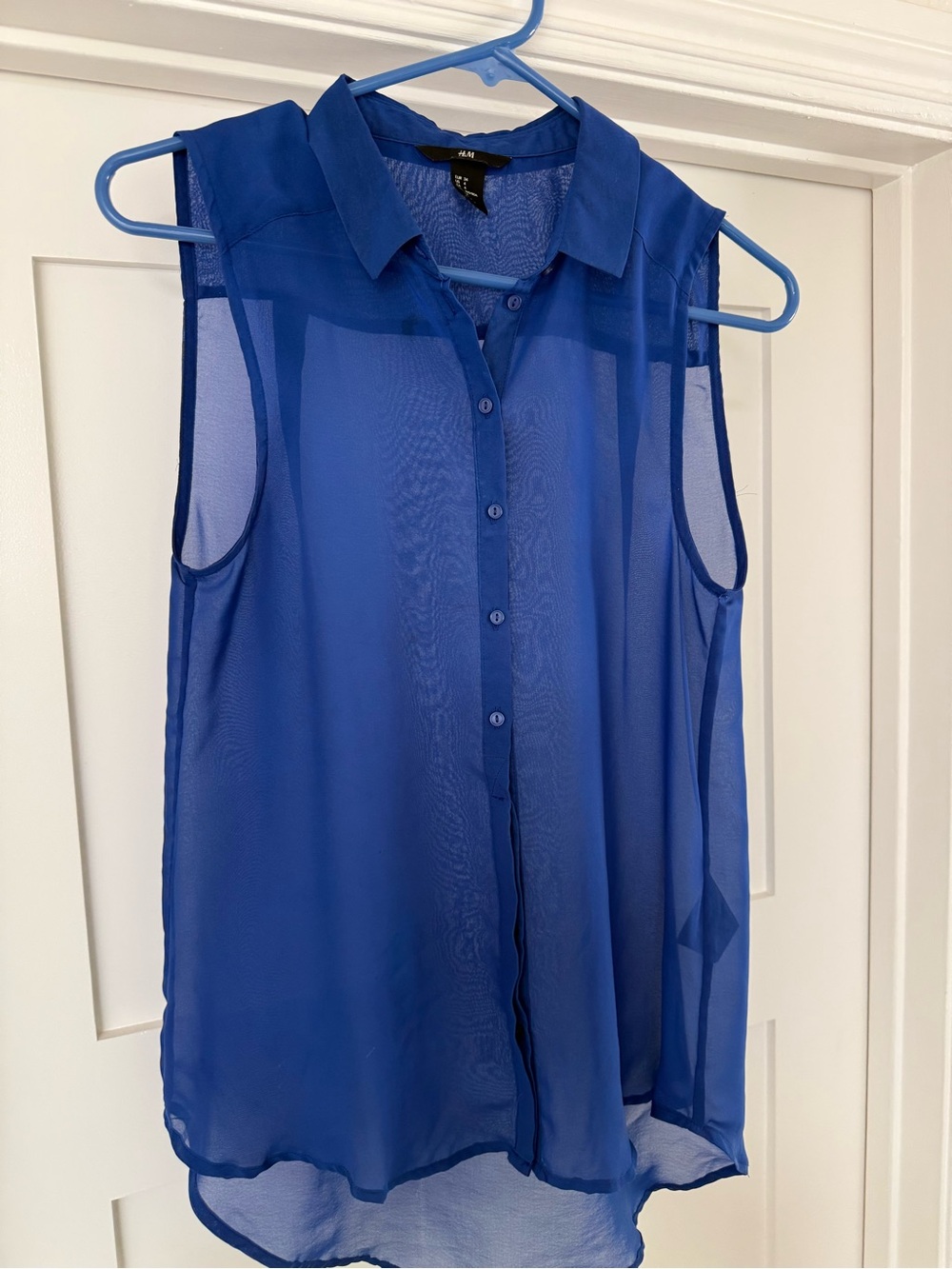 H&M Sheer Royal Blue Sleeveless Button-Front Blouse